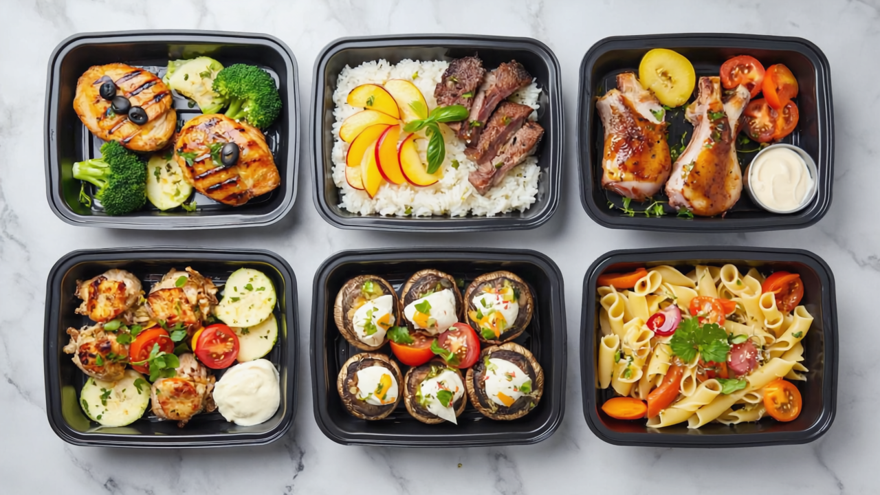 Flat lay of six gourmet prepared meals in black modern containers, representing a chef-curated weekly meal prep package Meals include grilled lemon oregano chicken with olive tapenade, Korean BBQ bee.png__PID:467fd2c7-e73c-4843-80e5-8d6731592f8d