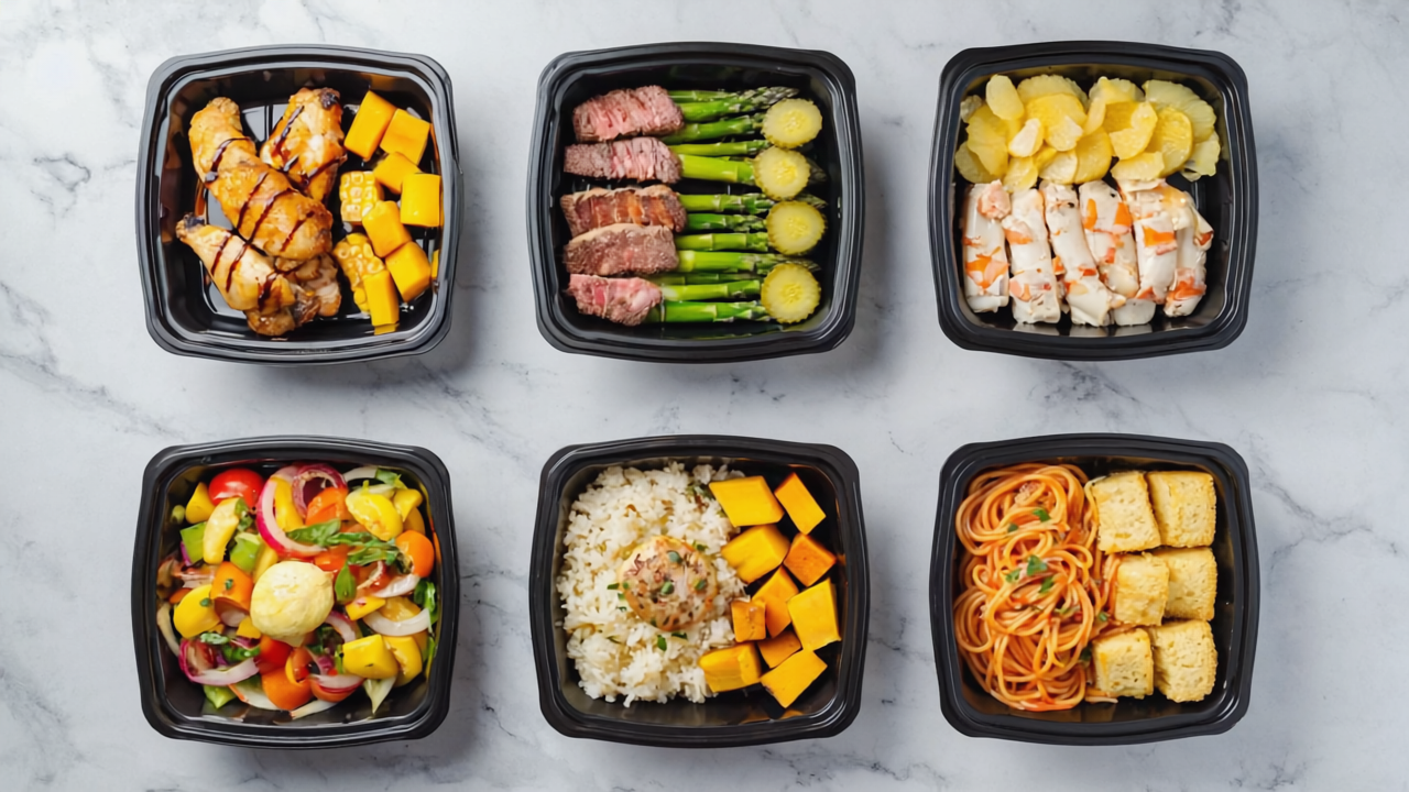 Top-down flat lay of six chef-prepared meal prep entrees in modern black containers on a clean white or wood surface Dishes include crispy buttermilk chicken thighs drizzled with hot honey, sautéed b.png__PID:08c1053c-d74c-422c-8636-d163601d8f20