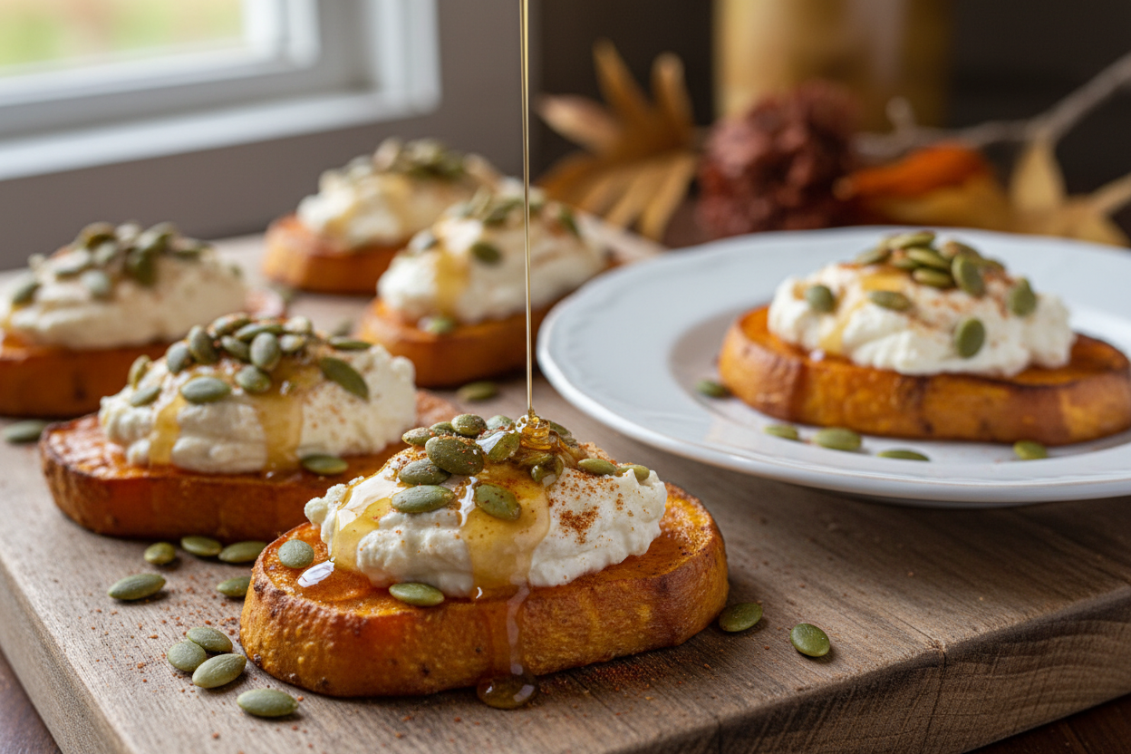 Roasted Sweet Potato Crostini, Truffle Honey Mascarpone, Pepitas, Pumpkin Pie Spice